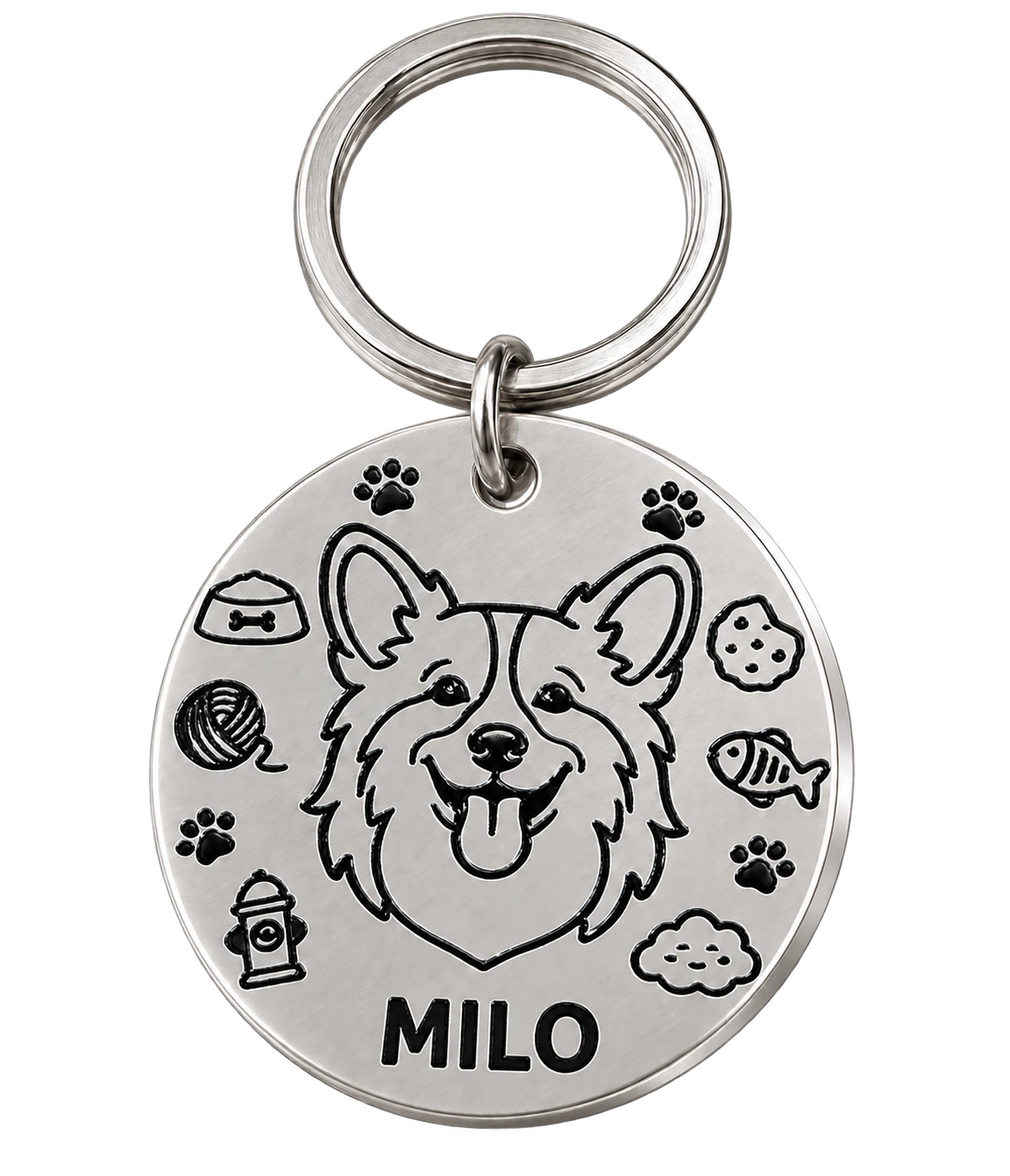 Silver round pet tag with a corgi portrait, the name Milo, pet motifs and two interlocking rings